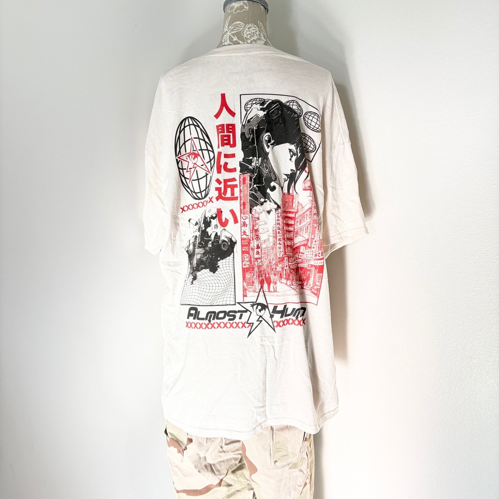 Almost Human Mens XL Graphic T-Shirt Cream Cotton Anime Cyberpunk Streetwear